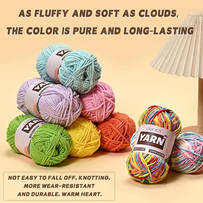 Plush Chenille Chunky Crochet Yarn - Baby Yarn for Crocheting Soft - Velvet Yarns Knitting for Blankets Crafts - Fluffy Amigurumi Yarns 100g / 131yd (Rainbow)