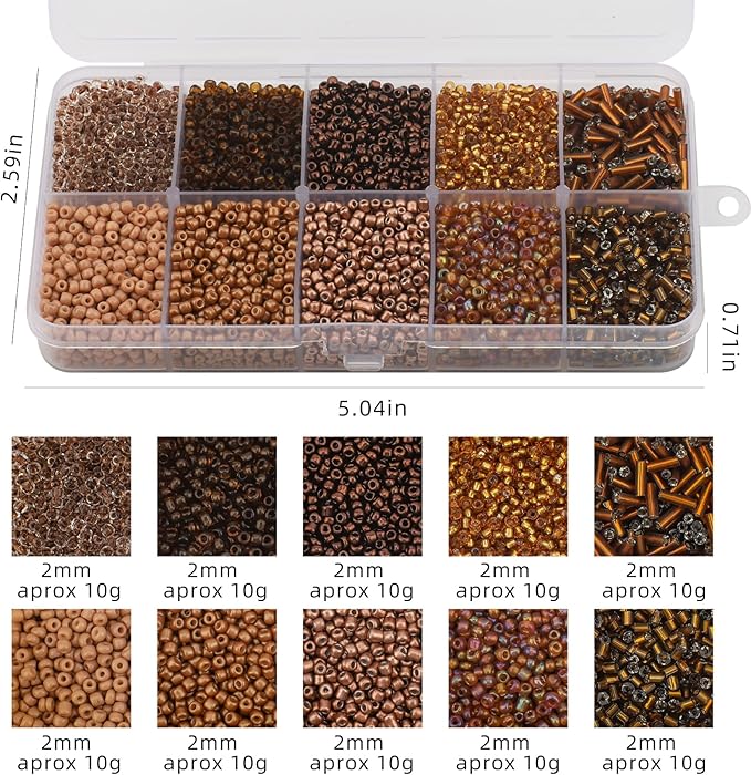 Approx 5000pcs 12/0 Glass Seed Beads for Jewelry Making, 2mm Mix 10 Colors Tube Beads Glass Bugle Beads Waist Beads Kit for Bracelets Necklaces Earrings DIY Supplies (Brown)