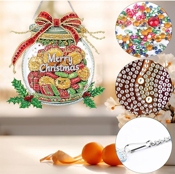Bimkole Christmas Diamond Art Hanging Kit for Adult, DIY 5D Snacks Diamond Art Painting Window Pendant, Acrylic Crystal Art Hanging Ornament for Wall Home Garden Front Door Decor - 7.8x7.8 Inch