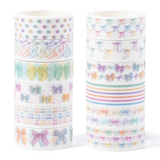 Watercolor Bow Washi Tape - 12 Rolls Colorful Watercolor Bow Pastel Preppy Aesthetic Scrapbook Washi Adhesive Glue Masking Tape Set School Office DIY Craft Scrapbooking Junk Journal Supplies