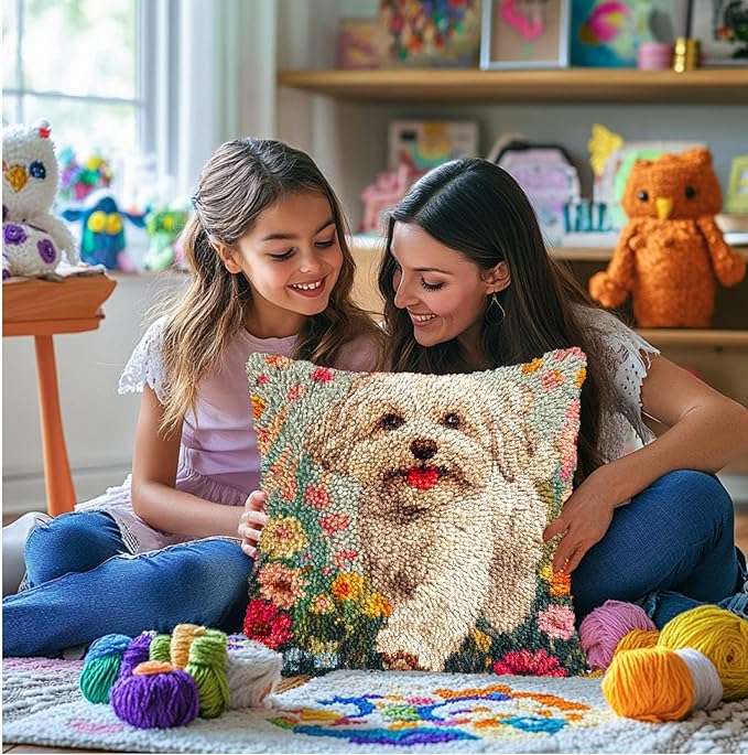 DIY Latch Hook Pillow Kits for Adults Happy Havanese Dog Running in Flowers Printed Pillowcase Crochet Yarns Hooking Handmade Pillow Cover Cushion for Home Sofa Decor 17x17inch(3)