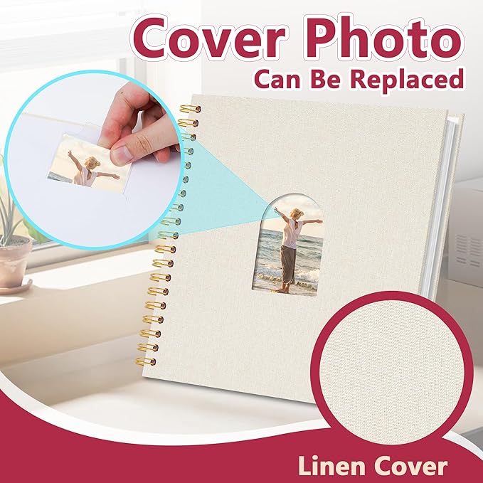 Vienrose 8X8 Inch DIY Scrapbook Album Linen Arch Window Photo Album 40 Blank Pages Scrap Book Photo Albums for Wedding Baby Shower, Beige