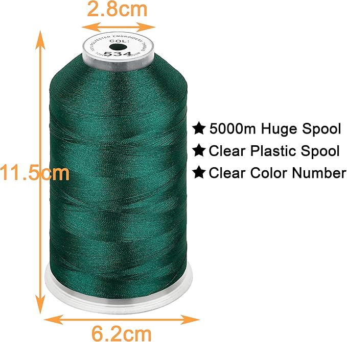 New brothread - Single Huge Spool 5000M Each Polyester Embroidery Machine Thread 40WT for Commercial and Domestic Machines - Teal Green