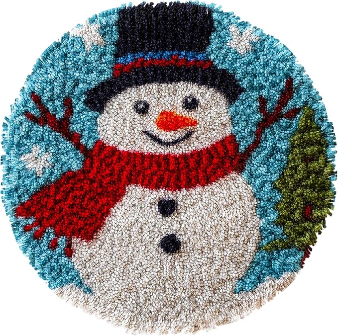Latch Hook Rug Kit Cute Christmas Snowman with Winter Snow Easy for Beginners Round Shape Carpet Crochet Yarn Craft Mini Rug DIY Hook and Latch Little Tapestry for Home Decor 30x30cm-2