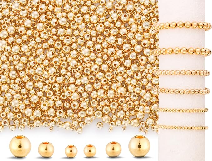 DUQGUHO 1500 Pcs Gold Spacer Beads - 8mm, 6mm, 4mm for Stackable Bracelets - Smooth Round Loose Plastic Copper Beads - Bulk