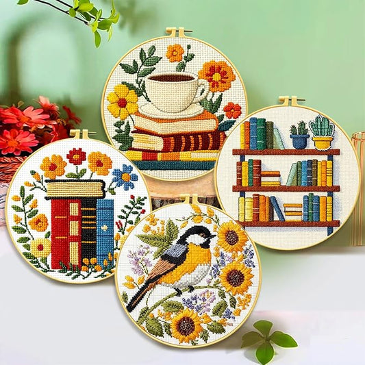 Zhenqing Book Lover's Cross Stitch Kit - 4-Piece Set with Pre-Printed 11CT 24x24cm Fabric, Hoop & Tools, Reading & Flower Themes for Beginners(70411)