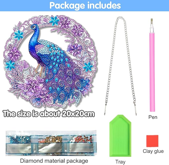 Reofrey Hanging Diamond Art Kits for Adults - 8x8Inch Peacock Animal Acrylic Board Double Sided Pattern Diamond Painting Suncatcher Pendant, Crystal Art for Home Wall Window Decoration Handmade Gift