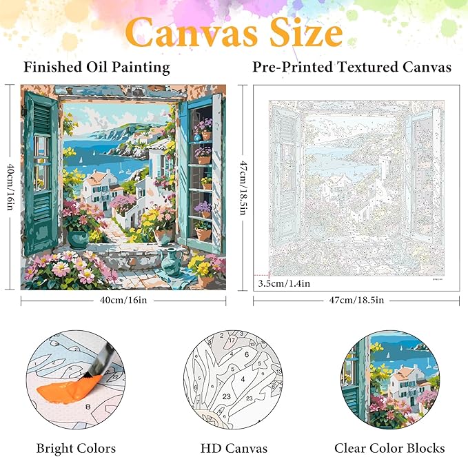 Paint by Numbers Kit for Adults Beginner Seaside Scenery, Adult Paint by Number Kits on Canvas, Window Landscape DIY Acrylic Oil Painting by Numbers for Adults, Perfect for Home Wall Decor 16X16 Inch