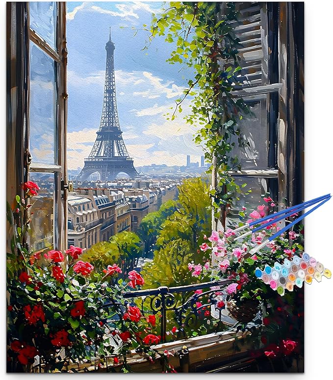 Artunion Paris Window View Paint by Numbers Kit for Adults, Eiffel Tower City Paint by Number Kits, DIY Oil Painting Paint by Number Kits on Canvas Arts Craft for Home Wall Decor 16x20 Inch