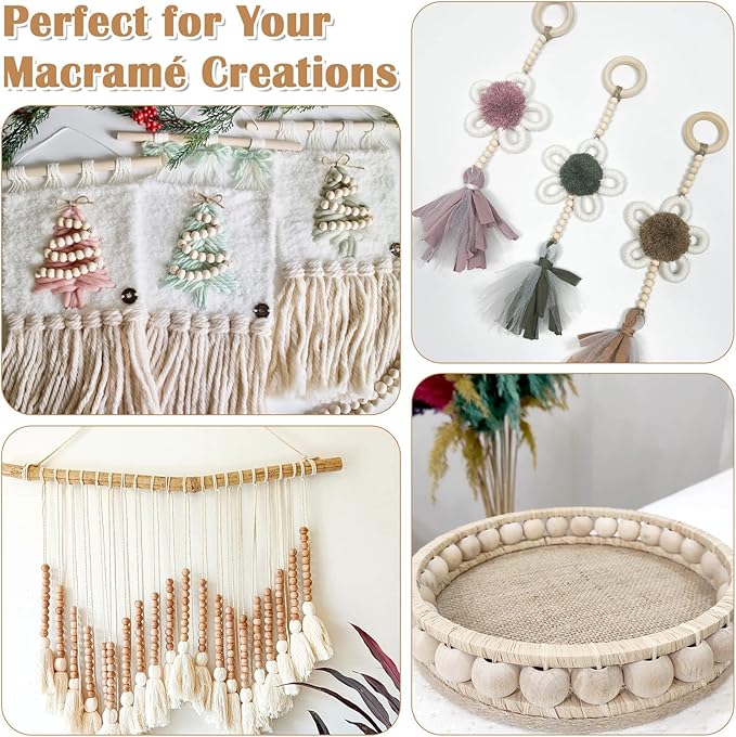 Wooden Beads for Crafts, 660 Pcs Natural Loose Wood Beads Rings Bulk Include Unfinished Beads with Holes, Smooth Wooden Ring, Polygon Spacer Beads Twine for Ornament Jewelry Making Home Garland Décor