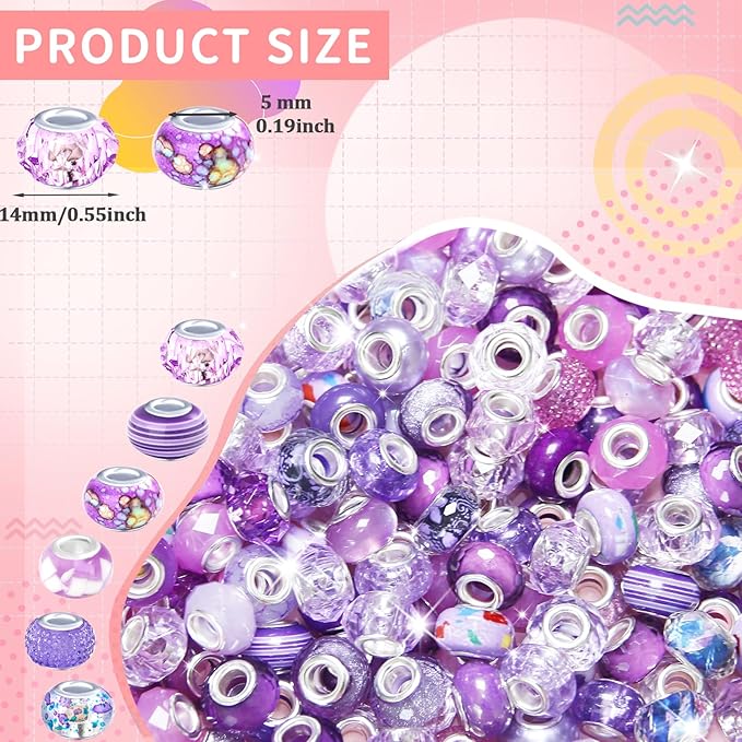 60Pcs Large Hole Beads Spacer Beads Purple Assorted European Craft Big Beads Large Hole Lampwork Murano Bead Fairy Wand Garden Bead for DIY Charm Bracelet Necklace Jewelry Making Decoration Supplies