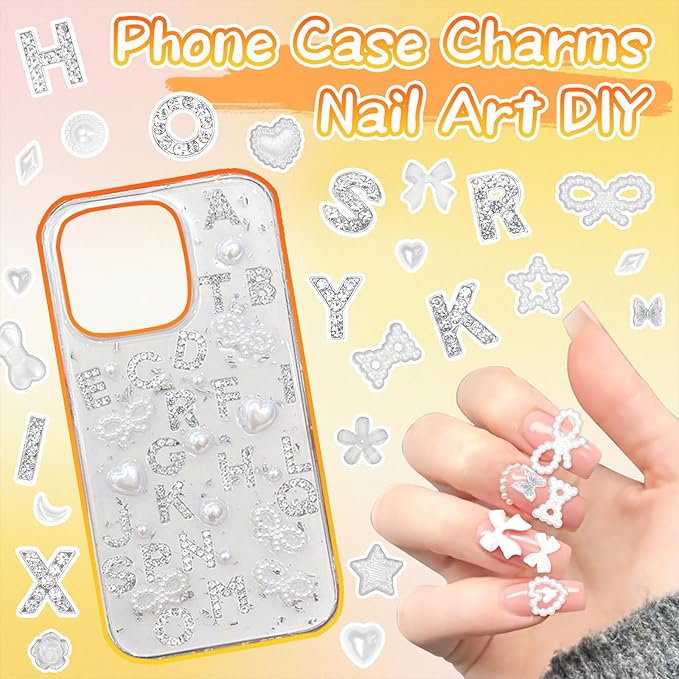 330 Pcs Junk Phone Case Charms 26 Pcs A-Z Rhinestone Alphabet Letter Charm, Mix White Flower Bow Heart Pearls Flatback Resin Charms Letter Junk Cases Kit for DIY Crafts