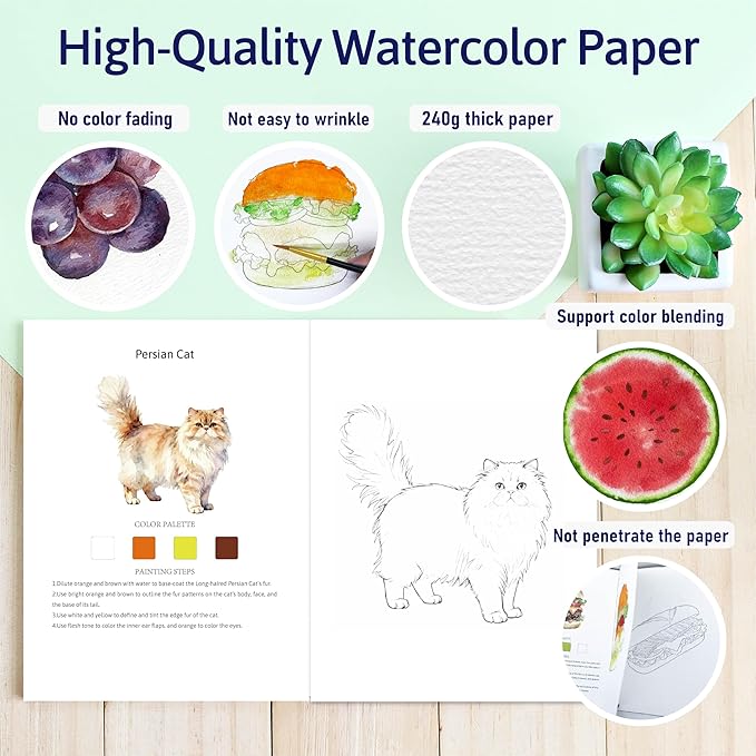 Watercolor Workbook Creative Insect Water color Paint Book Set with Paints & Brush, 12 Patterns of Original DIY Designs, Beginner-Friendly Adult Coloring Books (Cat)