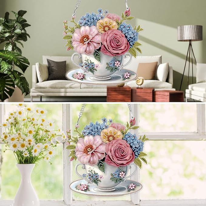 MXJSUA Teacup Floral Special Shaped Hanging Diamond Painting Art Kits for Adults, Crystal Rhinestone Acrylic Gem Art Pendant Ornaments Kit for Home Decoration and Gift