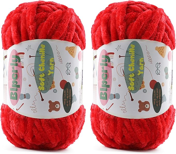 2 * 100g Fluffy Chenille Yarn for Crocheting - Chunky Velvet Yarn for Scarves Shawls, Baby Blankets, Hats Plush Toys, Plush Yarns Each Skein 49.2yd, (2, Big Red)