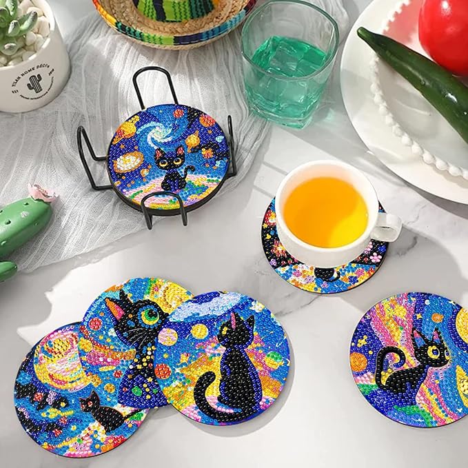 10 PCS Diamond Art Coasters Kit, Small Diamond Painting Coasters, Fall Diamond Art Kits for Adults Beginners, Arts and Crafts Supplies Item Sets with Holder Black Cat