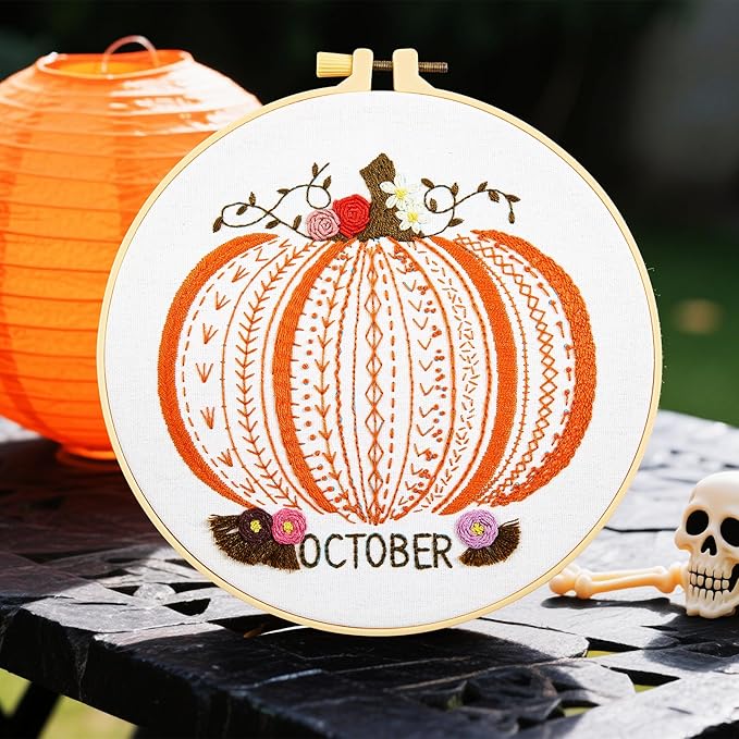 Easy Beginners Embroidery Stitches Practice Kits for Adults, Fall Pumpkin Embroidery Starters Kits for Beginners to Learn 26 Stitches, Autumn Hand Embroidery Set Craft for Women & Video Tutorial
