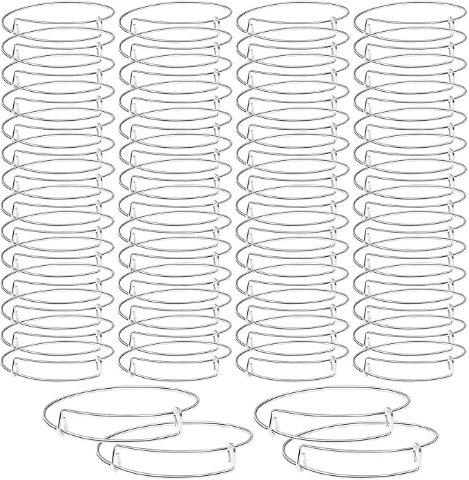 UPINS 60Pcs Expandable Blank Bangle Bracelets Adjustable Wire Bracelets for DIY Jewelry Making, Silver