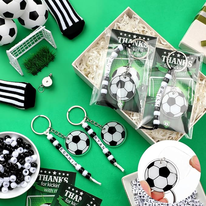 Suncalla 984 Pcs 24 Set Soccer Keychain Making Kit DIY Soccer Bag Tag Sport Key Chain Crafts Adjustable Letter Beads Cards Strings Kit Team Gift Backpack Accessories Party Favors(White Black)