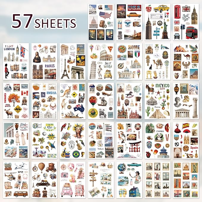 57 sheets vintage travel scrapbook sticker book, 500+ vintage & modern stickers for scrapbooking, 25 pcs ephemera papers art scrapbook supplies for adults teens women girls junk journal journaling
