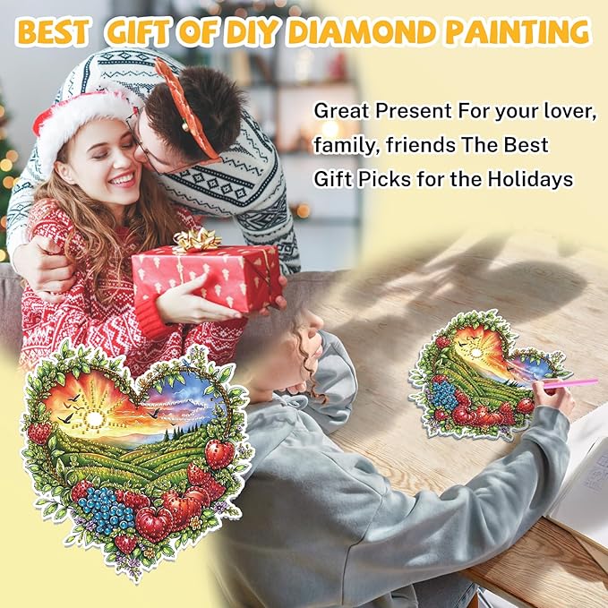 Bowetile Heart Shape Diamond Art Hanging Fruit Kits for Adults, 5D Special Shape Diamond Painting Landscape Window Pendant Kits, Gem Art Suncatchers Ornament for Home Garden Wall Decor