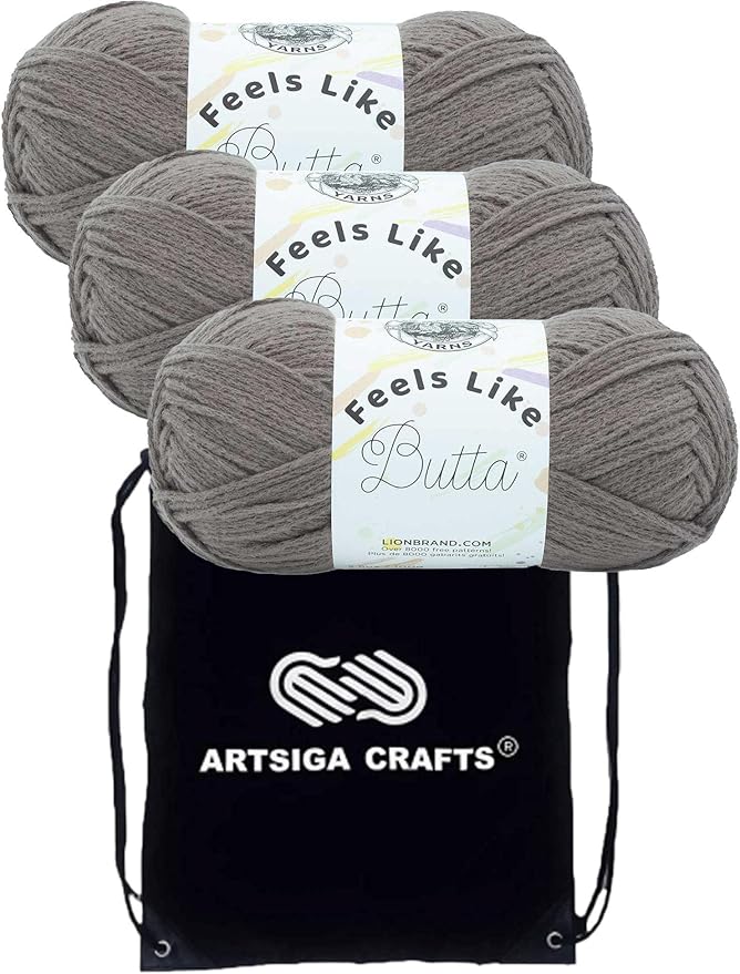 Lion Brand Feels Like Butta Yarn Cocoa 215-125 (3-Skein) Same Dyelot Worsted Medium #4 Soft 100% Polyester with Knitting Project Bag