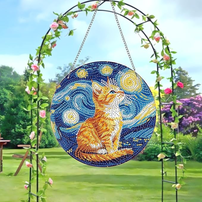 LOMSIOY Diamond Art Hanging Kit for Adult, Cat Front Door Sign Window Decor for Outdoor, Starry Night Double Sided Summer Decor Suncatcers for Porch, Hanging Pendants for Garden Wall （8x8 Inch