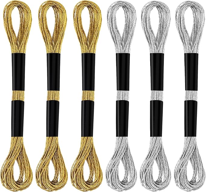 6 Skeins Embroidery Threads, Metallic Embroidery Floss Friendship Bracelet Cross Stitch Thread for Sewing Making Yarn Accessories Craft String Art Supplies (Gold + Silver)