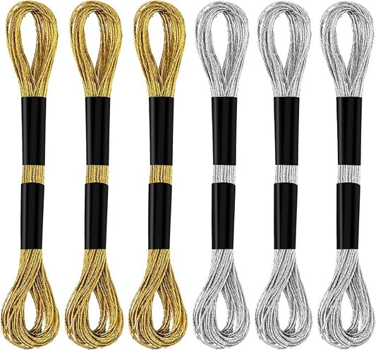 6 Skeins Embroidery Threads, Metallic Embroidery Floss Friendship Bracelet Cross Stitch Thread for Sewing Making Yarn Accessories Craft String Art Supplies (Gold + Silver)