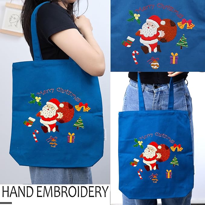 CREAWONDER Canvas Tote Bag Embroidery Kit with Pattern for Beginners, Arts and DIY Embroidery Crafts Kits for Adults, Include Instructions, Thimble, Embroidery Hoops, Color Threads and Tool