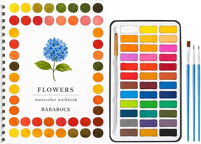 Spiral-Bound Watercolor Workbook with Guided Flower Illustrations – Beginner Painting Practice Book with Themed Sketch Pages, Includes 36 Color Watercolor Set & Brushes (Flowers)