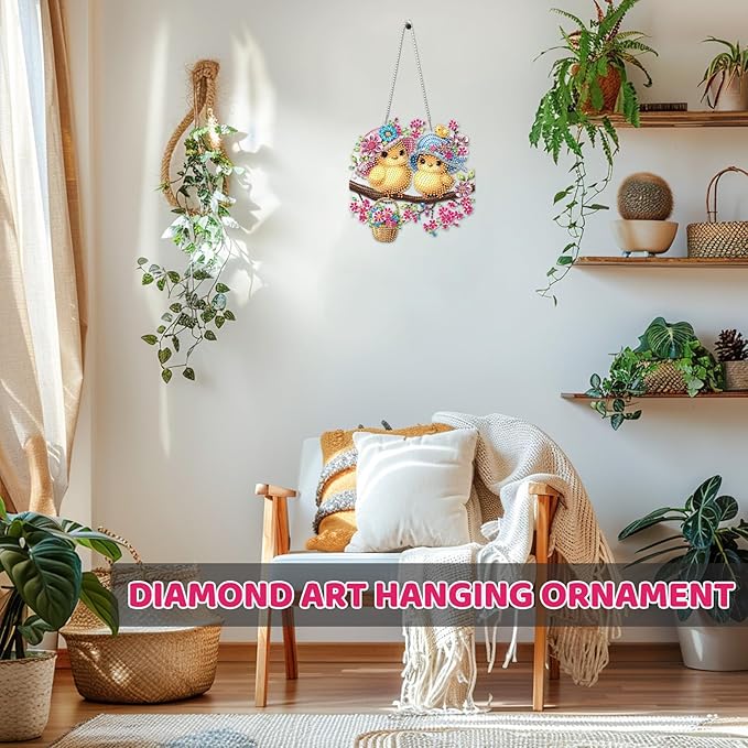 MEIYUDA Bird Diamond Art Hanging Kits for Adult, Flowers Bird Diamond Painting Hanging Kits Ornaments, DIY Special Shaped Rhinestone Window Pendants Kit for Home Garden Wall Decor Gift