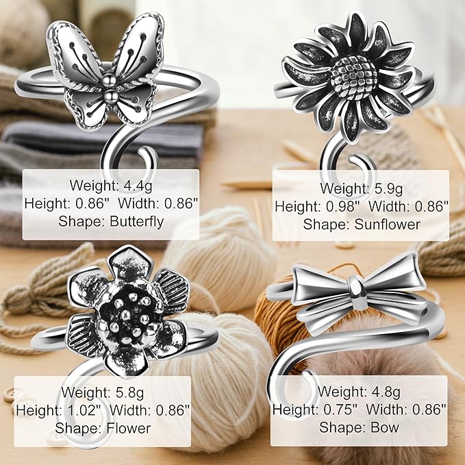 8 PCS Crochet Rings Sunflower Crown Cat Dog Butterfly Four-Leaf Clover Adjustable Yarn Tension Ring Knitting Tools Supplies Crochet Gifts for Crocheters