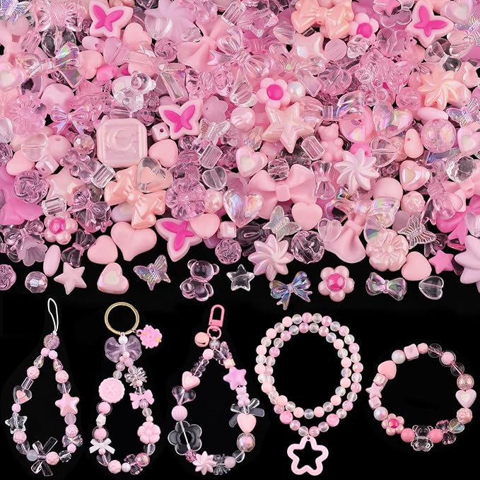200-260pcs tinkrstuff assorted acrylic beads pink cute beads for bracelet making, bow aesthetic gummybear flower candy butterfly kawaii charms for jewelry making diy necklace keychain phone charm