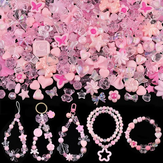 200-260pcs tinkrstuff assorted acrylic beads pink cute beads for bracelet making, bow aesthetic gummybear flower candy butterfly kawaii charms for jewelry making diy necklace keychain phone charm