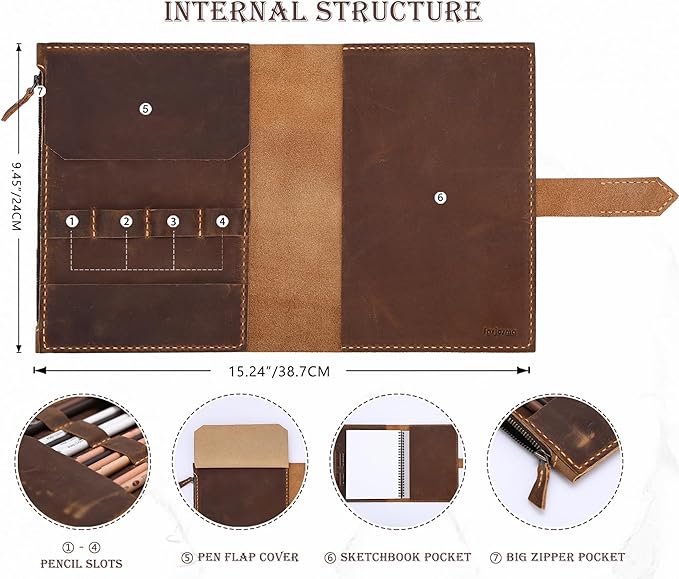 Leather Sketchbook Cover for A5/5.5"x8.5" sketch pads - Handmade Genuine Leather Artist Case with Pencil Holder & Zipper Pocket, Professional Drawing Supplies (Brown, 5.5"x8.5")