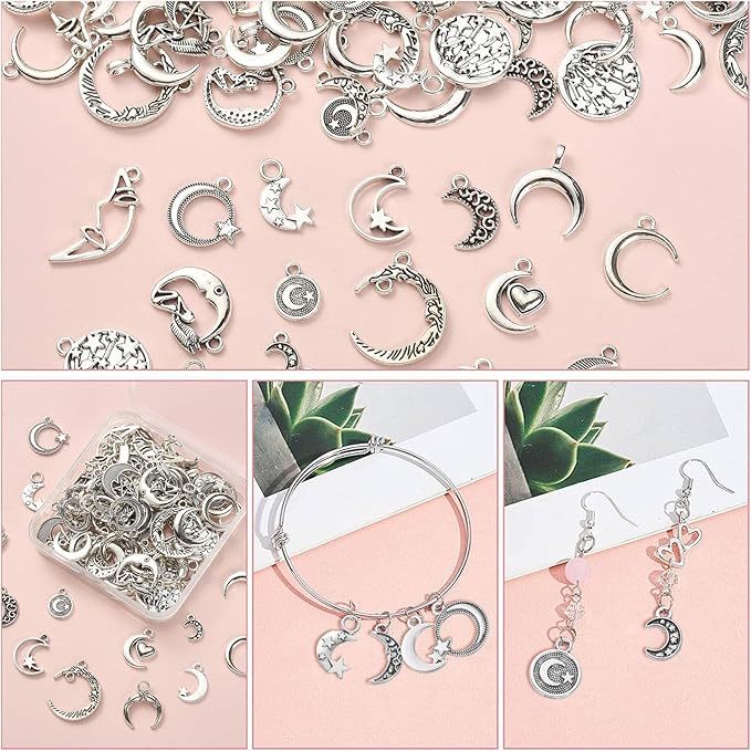 DanLingJewelry 100Pcs Mixed Styles Antique Silver Moon Charms Tibetan Moon and Star Charms for Crafting Jewelry Findings Making