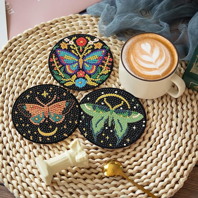 8 Pcs Diamond Art Coasters Kit with Holder, DIY Butterfly Diamond Painting Coasters for Beginners Adults, Non Slip Diamond Art Kits Craft Supplies 4x4inch