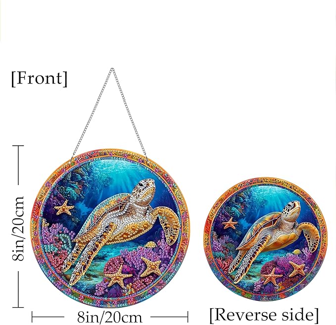 Kaliosy Sun Catcher Turtle Window Hanging - Outdoor Porch Decor, Marine Life-Themed Diamond Art Ornament, Acrylic Board Diamond Painting for Wall Home Garden, Front Door Sign, Indoor Decor 8x8 inch