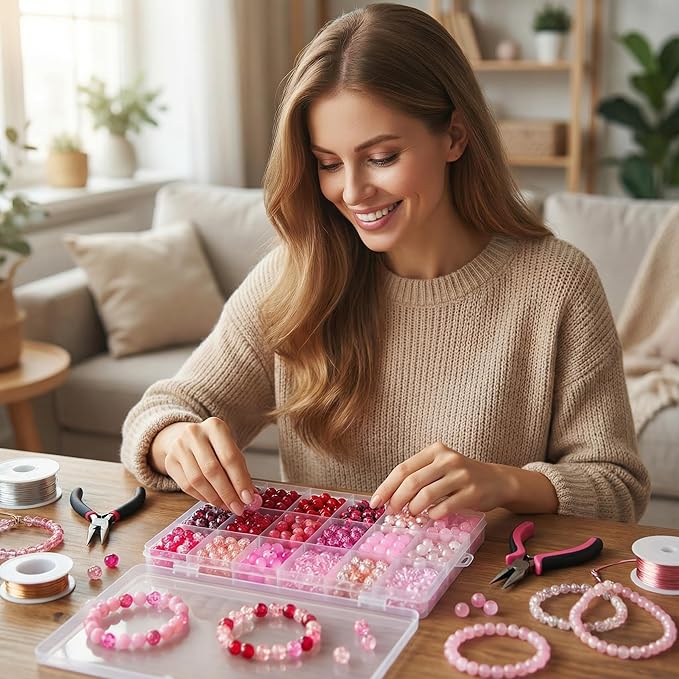 Hanyoung Valentines 8mm Glass Beads for Bracelet,18 Colors 450 pcs Red and Pink Beads for Jewelry Making kit, Crystal Glass Round Beads for DIY Crafts Gifts (Red Color)