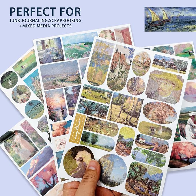 32 Sheets Vintage Oil Painting Stickers & 20 Sheets Ephemera Papers Kit -Classical Art Stickers, Junk Journal Supplies for Adults, Scrapbooking Collage, Scrapbook Paper Pack