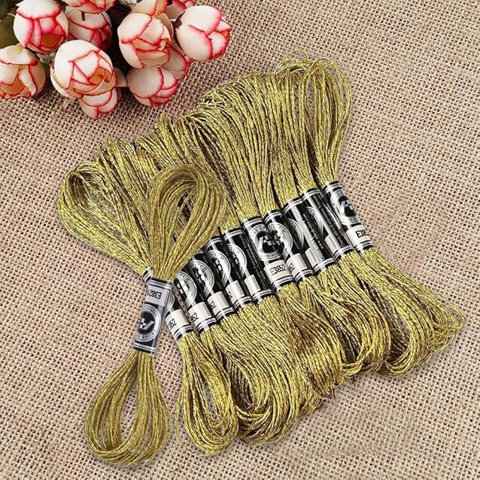 10 Skeins Yellow Gold Polyester Cross Stitch Thread Metallic Glitter Embroidery Floss Golden Silver Shimmer Crewel Polyester Floss Bulk for Sewing Making Home Decoration Friendship Bracelet