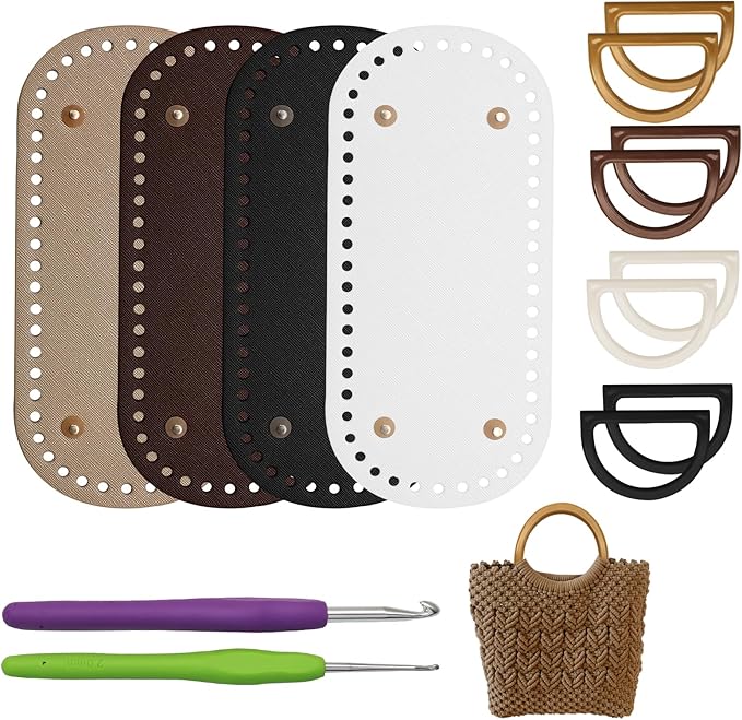 Zorfeter 4 Pack Bag Bases with 2 PCS Crochet Hook 8 PCS D Shape Purse Handles, 8.7x4" PU Leather Crochet Bottoms Leather Purse Bottoms for DIY Bag Making/Crochet Enthusiasts