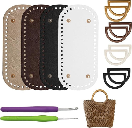 Zorfeter 4 Pack Bag Bases with 2 PCS Crochet Hook 8 PCS D Shape Purse Handles, 8.7x4" PU Leather Crochet Bottoms Leather Purse Bottoms for DIY Bag Making/Crochet Enthusiasts