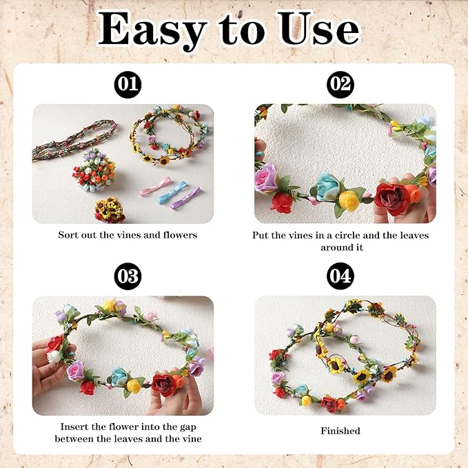 KorViSHOW DIY Flower Crowns Making Kit, 149 Pcs Handmade Rose Sunflower Floral Headband Making Kit, DIY Creativity Fairy Flower Hair Accessories Craft Set for Women Make Your Own Princess Arts Gifts