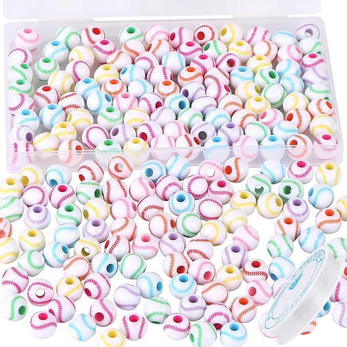 100pcs Baseball Beads with 5.5 Yard Elastic Rope,Acrylic Softball Bead Sports Beads DIY Spacer for Necklace Bracelet Keychains Handmade Jewelry Making Accessories,12mm(Rainbow Baseball)