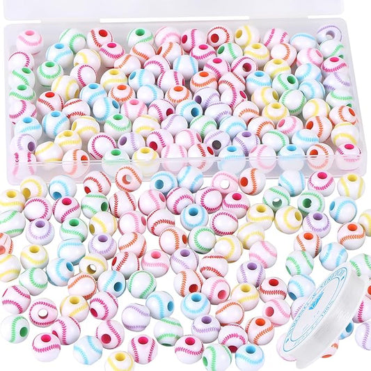 100pcs Baseball Beads with 5.5 Yard Elastic Rope,Acrylic Softball Bead Sports Beads DIY Spacer for Necklace Bracelet Keychains Handmade Jewelry Making Accessories,12mm(Rainbow Baseball)