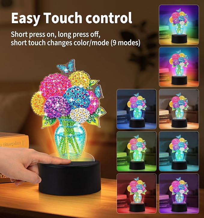 ALKALO Diamond Painting Night Light, Diamond Painting Kits for Adults Desktop Ornaments for Table Tabletop Decor Diamond Art Accessories for Adult Beginner Touch Lamp for Bedrooms Living Room- Flowers