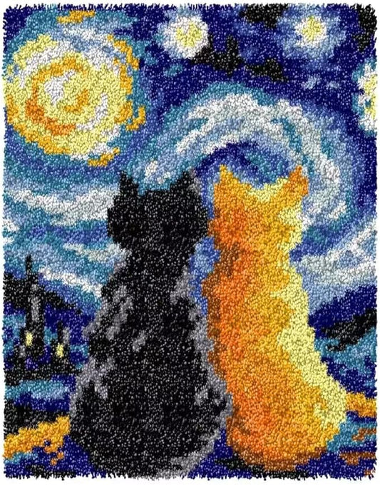 GLAECYY Latch Hook Kits Rug Crochet Yarn Kit Cushion Colour Pre-Printed Canvas Rug Needlework DIY Hook and Latch Kit (Star Cat)