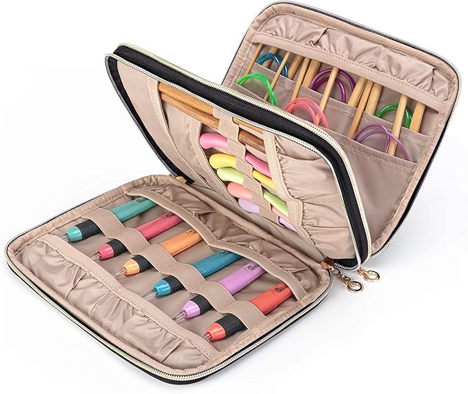 Teamoy Crochet Hook Case(up to 8”), Circular Knitting Needle Storage Bag, Travel Organizer Bag for Crochet Hook and Knitting Accessories, Black (Bag Only, Patent Design)